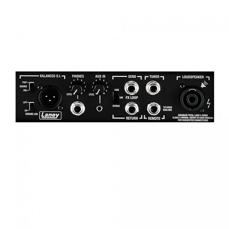 The Laney Digbeth 500 Bass Guitar Amp Head is a powerful 500W Bass amplifier, featuring a versatile preamp section and comprehensive EQ controls. The sleek design of this amp is showcased on a clean white background.