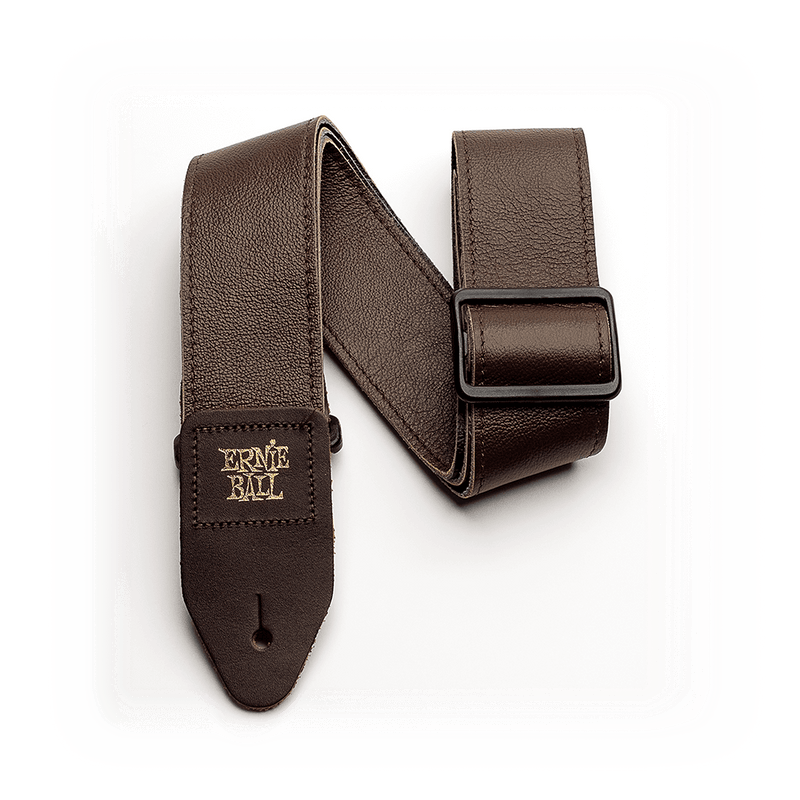 An Ernie Ball 4135 Tri-Glide 2in Italian Leather Guitar Strap/Bass Strap - Brown with a black buckle designed for instrument weight and comfort.