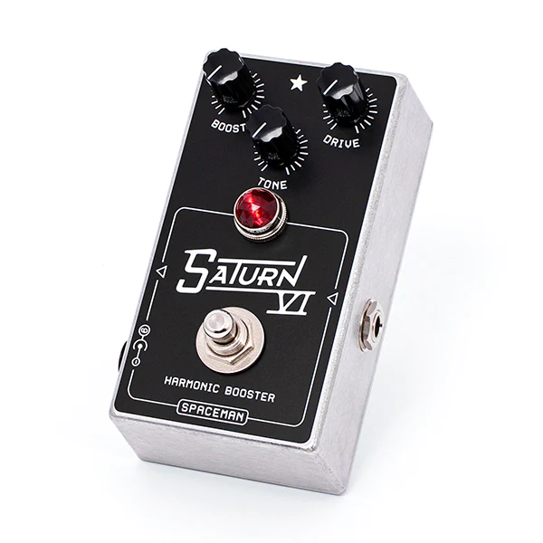 A Spaceman Saturn VI Harmonic Booster, a black and silver box with knobs and dials, that features a tremolo effect.