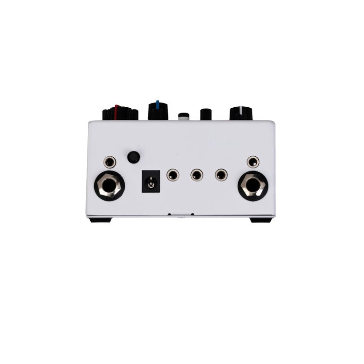 A white and blue Rainger FX Snare Trap Drum Machine Pedal with a drum machine on a white background.