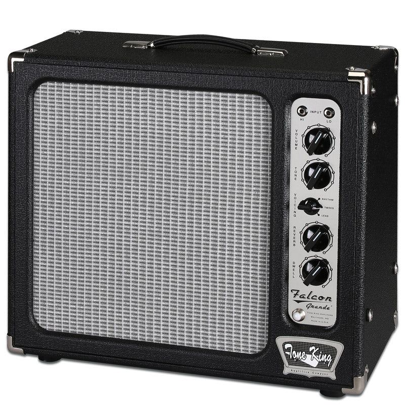 A vintage tube amp, the Tone King Falcon Grande 1x12 Combo Amp Built-In Attenuator Black, is a black and silver guitar amplifier featuring a voicing switch.