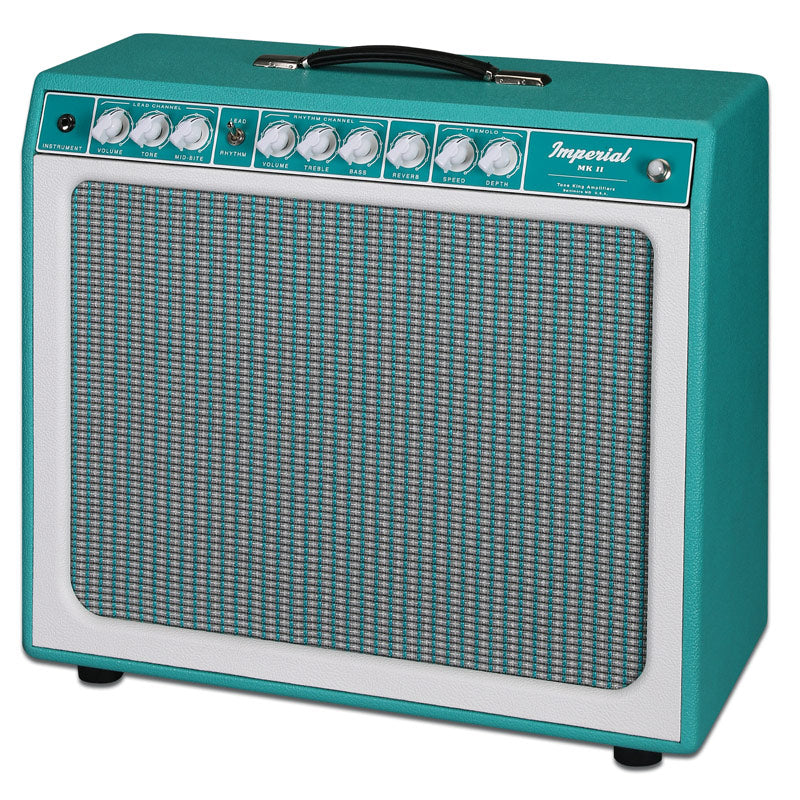 The Tone King Imperial MKII Combo 1x12 20 Watt Turquoise is a blue and white guitar amplifier that delivers exceptional tube tones.