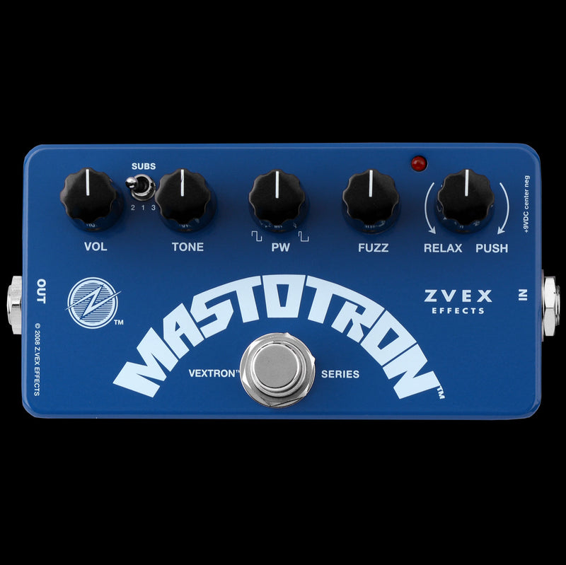 A blue Zvex Effects Mastotron Silicon Fuzz Pedal with four knobs, including an input impedance control and a sub control switch for versatile sound manipulation. The pedal is designed with a silicon fuzz circuit for rich and dynamic sound.