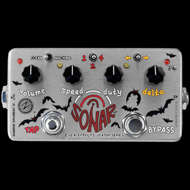 A black and white Zvex Vexter Sonar Tremolo pedal with bats on it featuring advanced signal chopping capabilities, by ZVEX Effects.