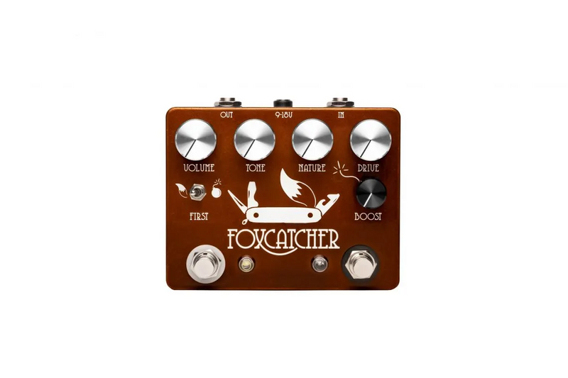 A brown CopperSound Foxcatcher Overdrive & Boost pedal with a knob on it.