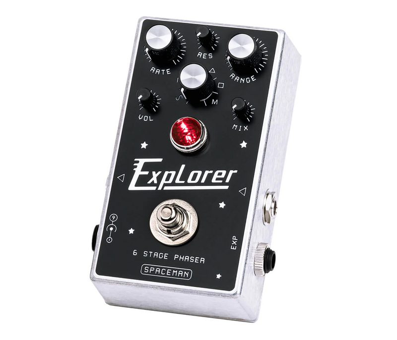 The Spaceman Explorer Phaser is a black flagship fuzz pedal with a red light on it.
