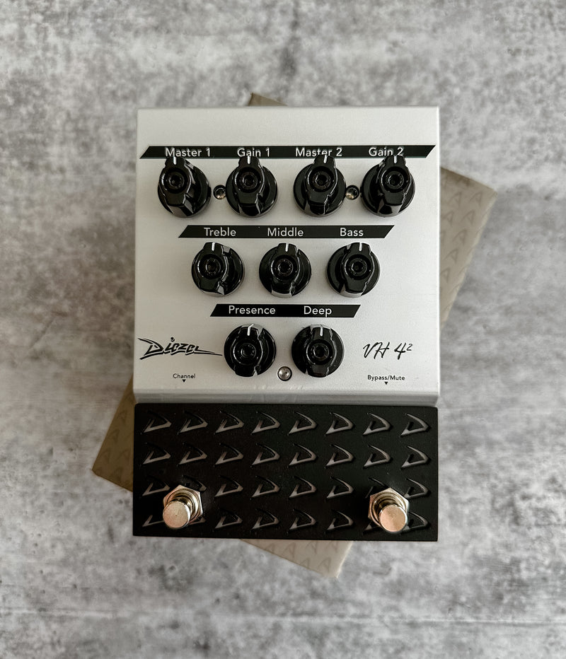 A black and white pedal, the Diezel VH4-2 Overdrive, featuring a knob for high-gain tones in both preamp and overdrive modes.