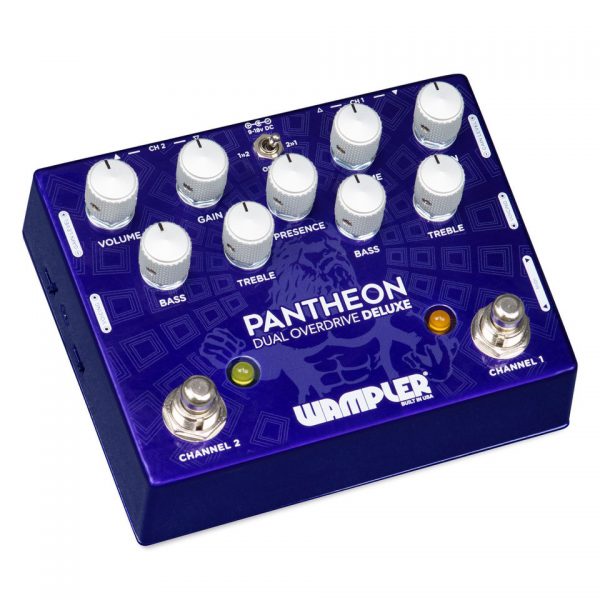 The Wampler Dual Pantheon Deluxe Overdrive is a blue overdrive pedal with four knobs that incorporates the WAMPLER DUAL PANTHEON DELUXE technology, perfect for achieving that blues breaker tone.
