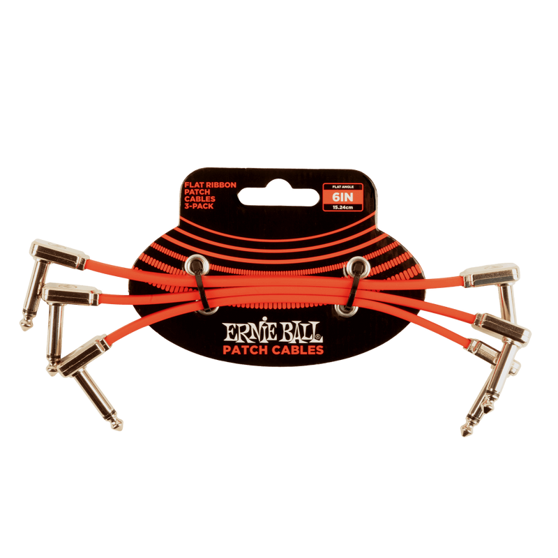 A package of high-quality Ernie Ball 6402 Flat Ribbon Patch Cable 6in - Red - 3 Pack 6" orange guitar picks for an optimized pedalboard layout.