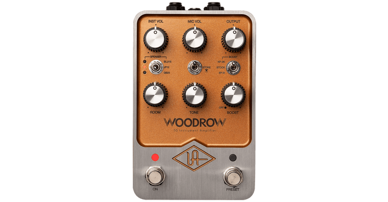 The Universal Audio Woodrow '55 Instrument Amplifier, a three-channel audio interface, delivers exceptional tape echo and delay effects on a clean white background.