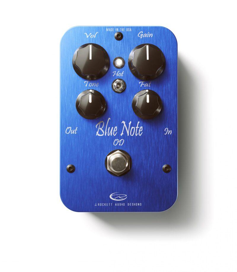 The J. Rockett Audio Designs Blue Note Overdrive is a tube screamer overdrive pedal with two knobs.