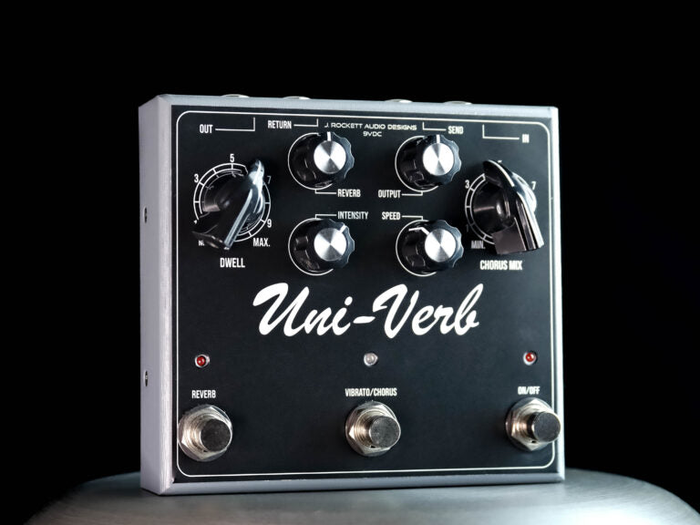 The J. Rockett Audio Designs Uni-Verb Vibe & Reverb is a black and silver pedal that offers an analog vibe reverb effect.