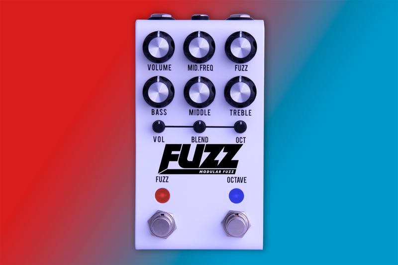 The Jackson Audio Modular Fuzz Monochrome White pedal, on a blue and red background.