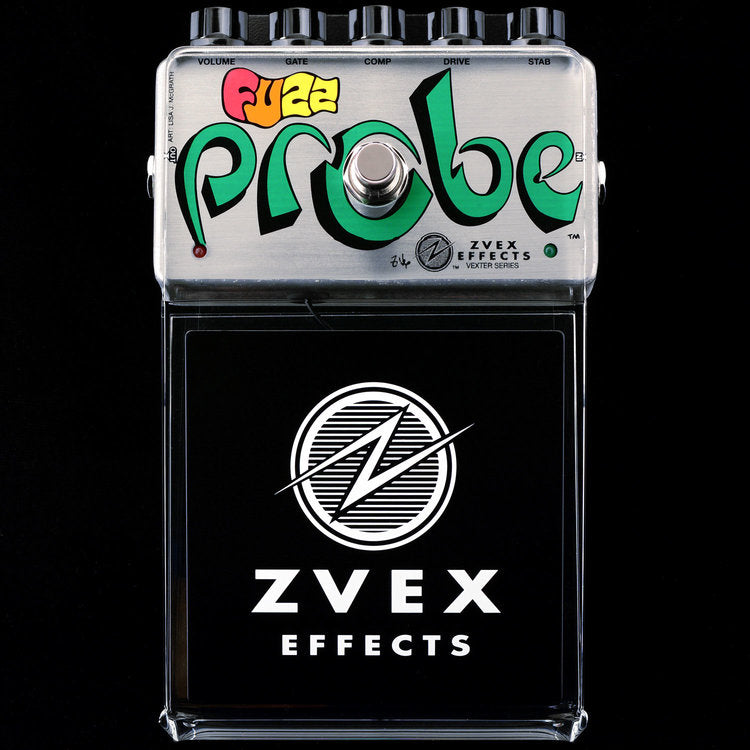 A black ZVEX Effects Vexter Fuzz Probe box, designed for strange fuzz guitar interactions and experimental noise.
