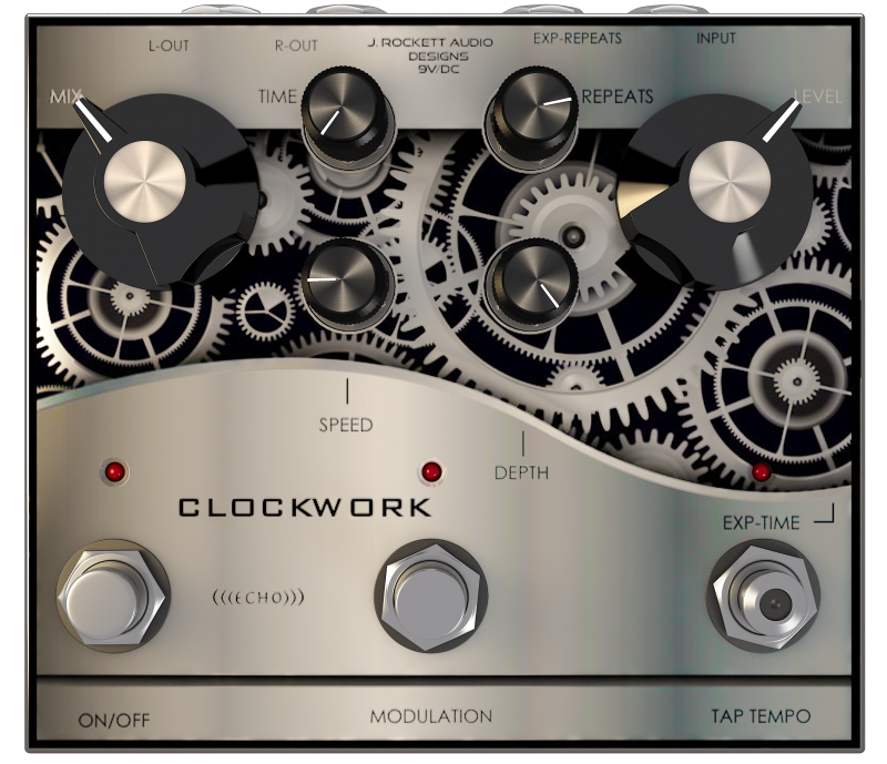 The J. Rockett Audio Designs Clockwork Echo features tap tempo and stereo output, utilizing BBD delay chips for a unique sound.