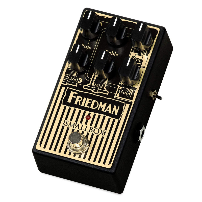 A black Friedman Small Box Overdrive pedal with gold accents, placed on a white background.