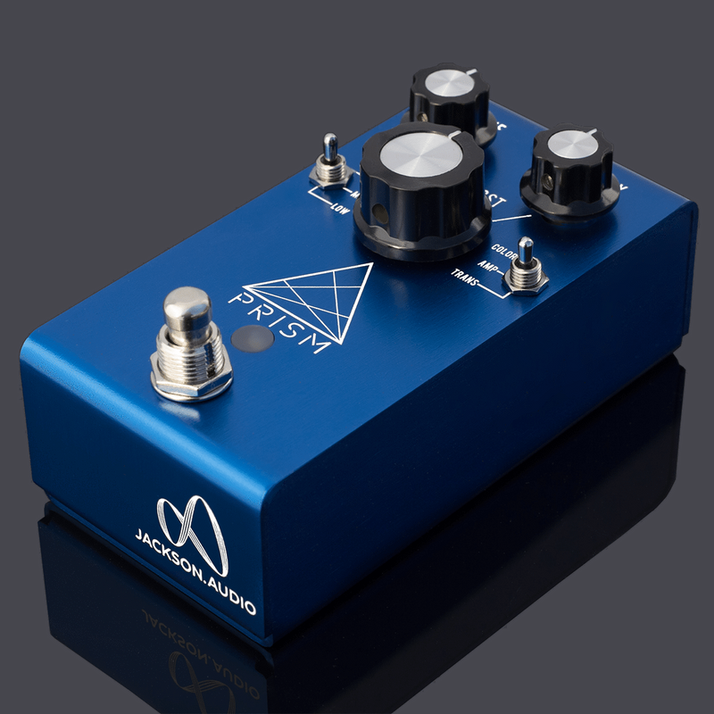 A Jackson Audio Prism Blue Buffer Boost Overdrive Preamp EQ, a tone shaping tool, with two knobs on it.