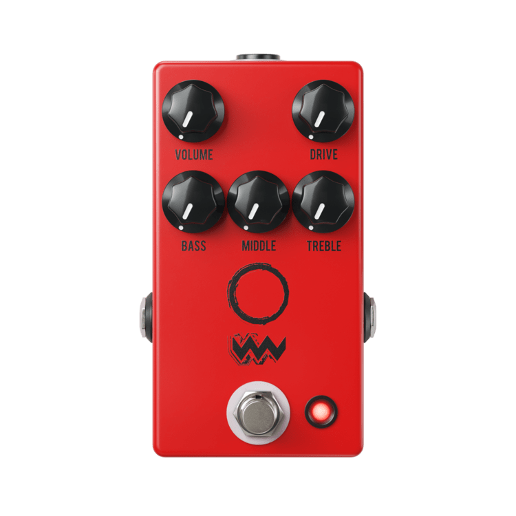 An JHS Angry Charlie V3 Overdrive Distortion guitar pedal, designed as a high-gain pedal with four knobs, emulating the iconic sound of a British amp-in-a-box.