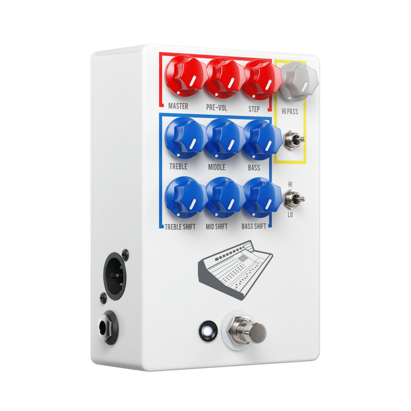 A white JHS Colour Box V2 PREAMP / EQ / OVERDRIVE / DISTORTION / FUZZ / DI BOX with red, blue, and yellow buttons. This studio-grade preamplifier also functions as a tone shaping device.