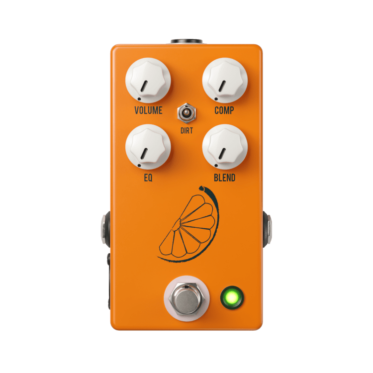 An JHS Pulp N Peel V4 Compressor Preamp DI pedal with three knobs on it, offering blend-in and tone-shaping power.