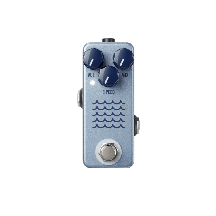 A vintage JHS Tidewater Tremolo pedal with a small footprint and blue buttons.