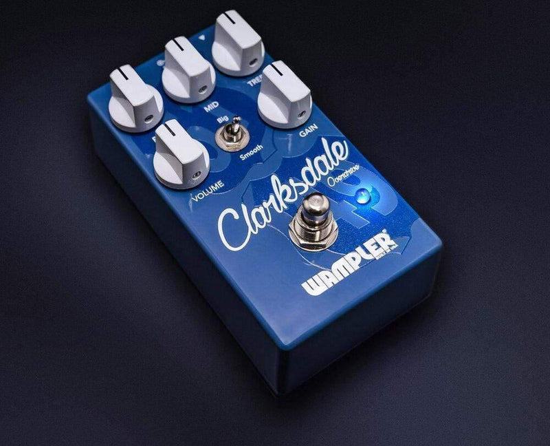 A vintage Wampler Clarksdale Overdrive guitar pedal with a blue exterior and two adjustable knobs. Perfect for achieving the classic Delta Blues sound.