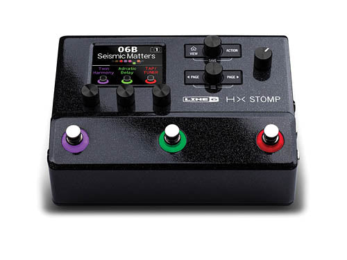 The Line 6 HX Stomp Multi Effects Pedal is a black guitar pedal that serves as a multi-effects processor, featuring buttons on its interface. It is designed to deliver the iconic tones and versatility of Helix amps.