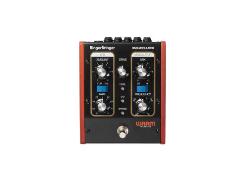 Warm Audio RingerBringer guitar effects pedal with various control knobs for sound modulation, and Germanium fuzz circuits for Tone Bender fuzz tones.