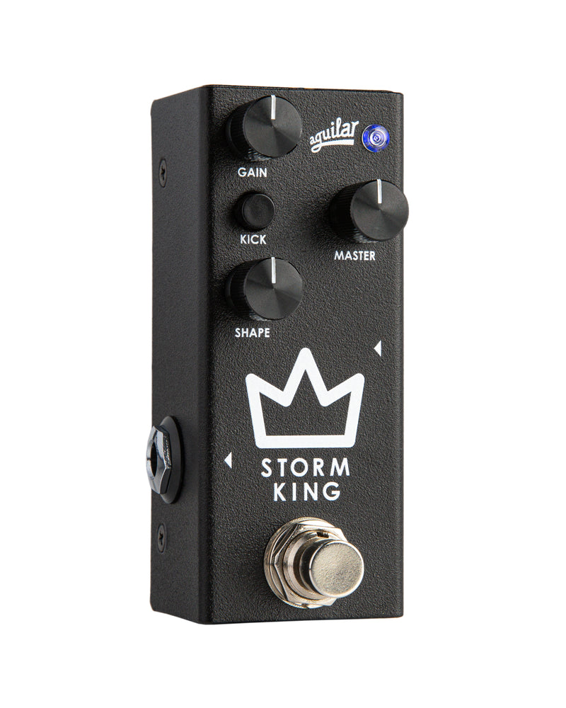 The Aguilar Storm King Bass Distortion Fuzz commands a powerful sound with its crown-adorned black design.