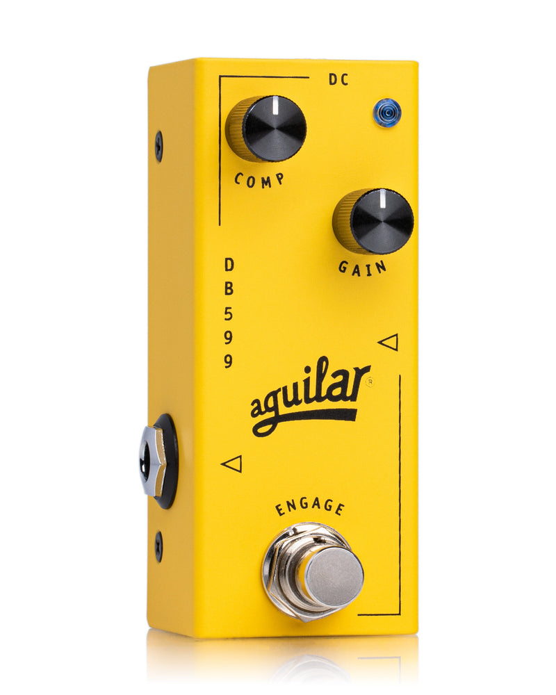 An Aguilar DB599 Bass Compressor guitar pedal with two knobs on it, designed for dynamic control and to achieve a compressed tone.