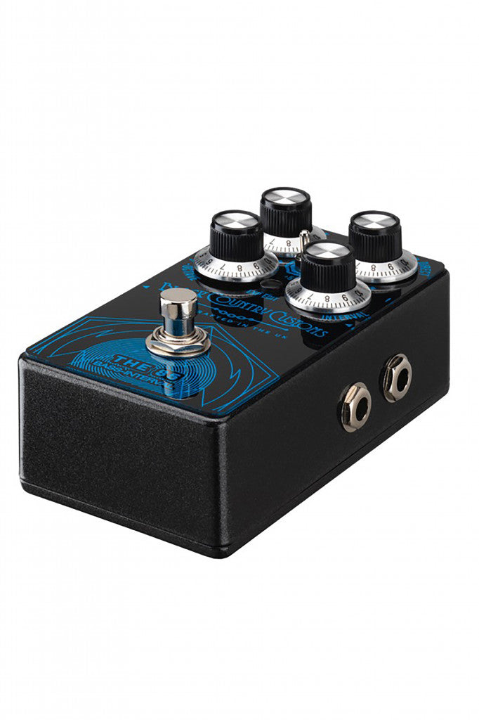 A black and blue Laney Black Country Customs The '85 Bass Octave Pedal Tri Mode with four knobs.