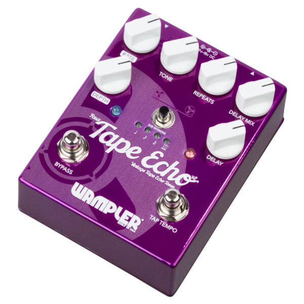 A Wampler Faux Tape Echo V2 delay pedal with a purple tape echo effect, set against a white background.