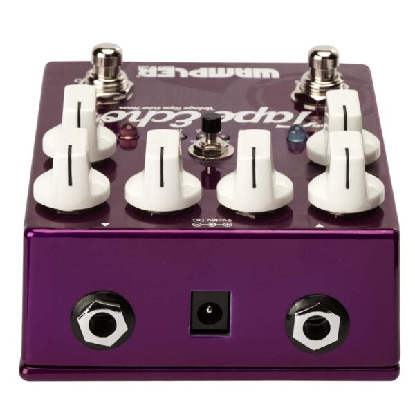 A Wampler Faux Tape Echo V2 delay pedal with a purple tape echo effect, set against a white background.