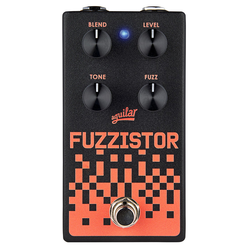The Aguilar Fuzzistor Bass Fuzz is a black and orange bass pedal featuring a silicon transistor distortion.