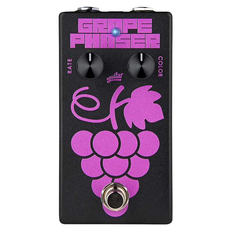 The Aguilar Grape Phaser is an analog phase shifting pedal with a purple and black design. The pedal offers adjustable modulation speed for versatile effects.