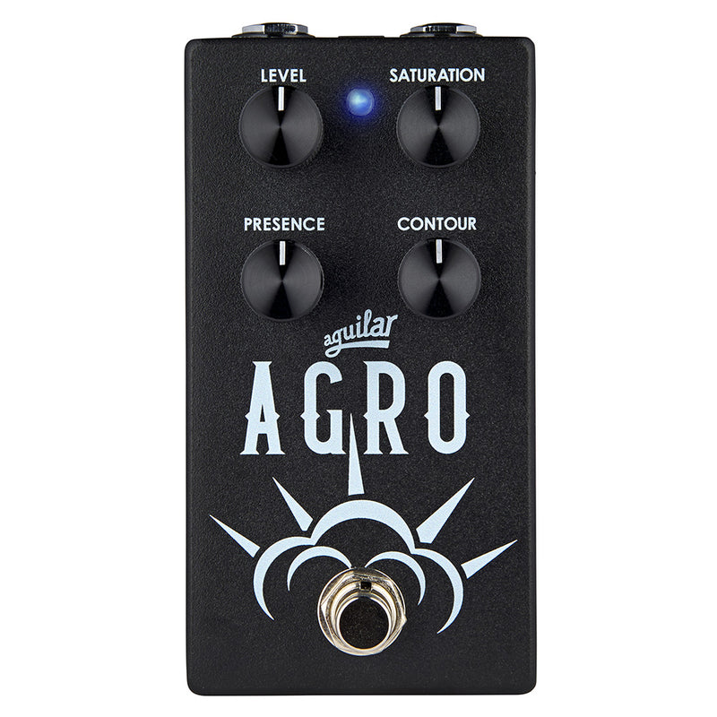A black Aguilar Agro V2 Bass Overdrive pedal with the word agro on it, designed for distortion and saturation.