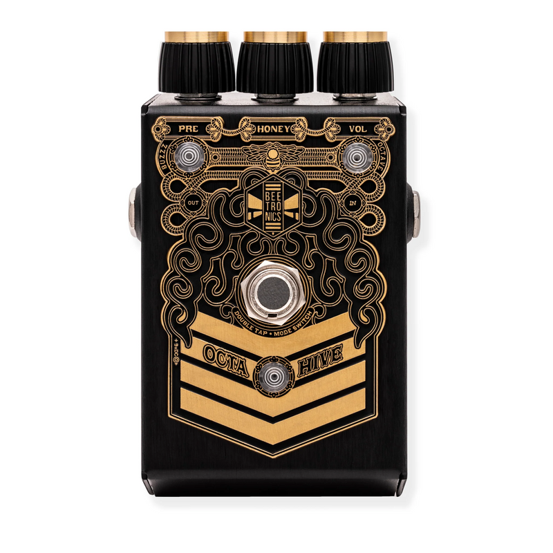 A black and gold Beetronics FX Octahive v2 High Octave Fuzz pedal with gold accents, offering high-gain fuzz and vintage tones.