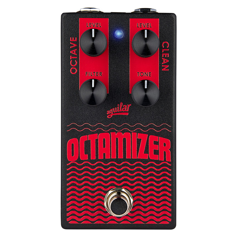 The Aguilar Octamizer Bass Octave Pedal is a black and red pedal with volume controls.
