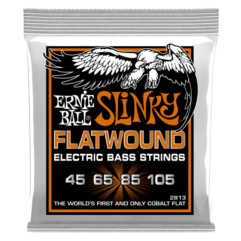 A white plastic bag with an Ernie Ball 2813 HYBRID SLINKY COBALT FLATWOUND ELECTRIC BASS STRINGS 45-105 design on it.