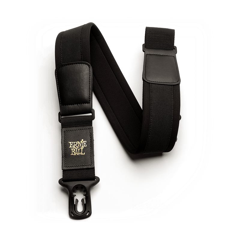An Ernie Ball 4145 Comfort Polylock Guitar Strap/Bass Strap - Regular Neoprene with a logo on it, providing comfort and security.