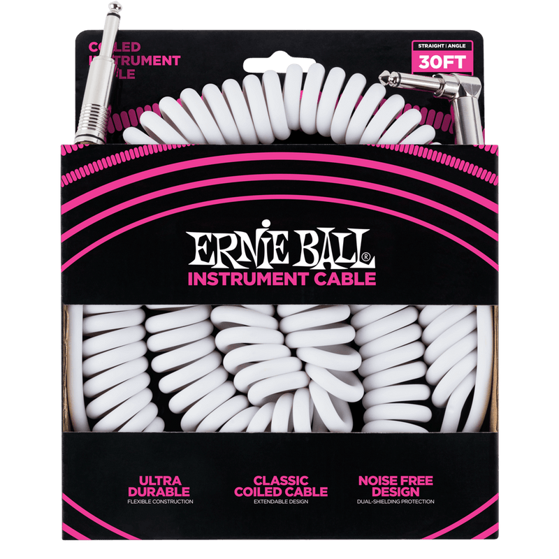 High-quality Ernie Ball 6045 Coiled Instrument Cable Straight/Angle 30ft - White in white and pink.