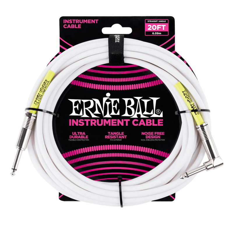 Sentence with replacement: Ernie Ball 6047 CLASSIC INSTRUMENT CABLE STRAIGHT/ANGLE 20FT - WHITE, featuring a high-quality design for clear tone.