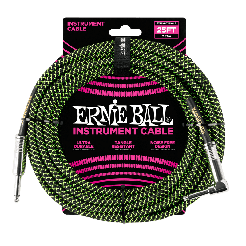Ernie Ball 6066 Braided Instrument Cable Straight/Angle 25ft - Black/Green with superior components.
