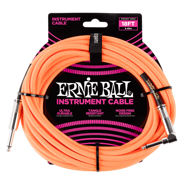 Ernie Ball 6084 braided instrument cables in neon orange.