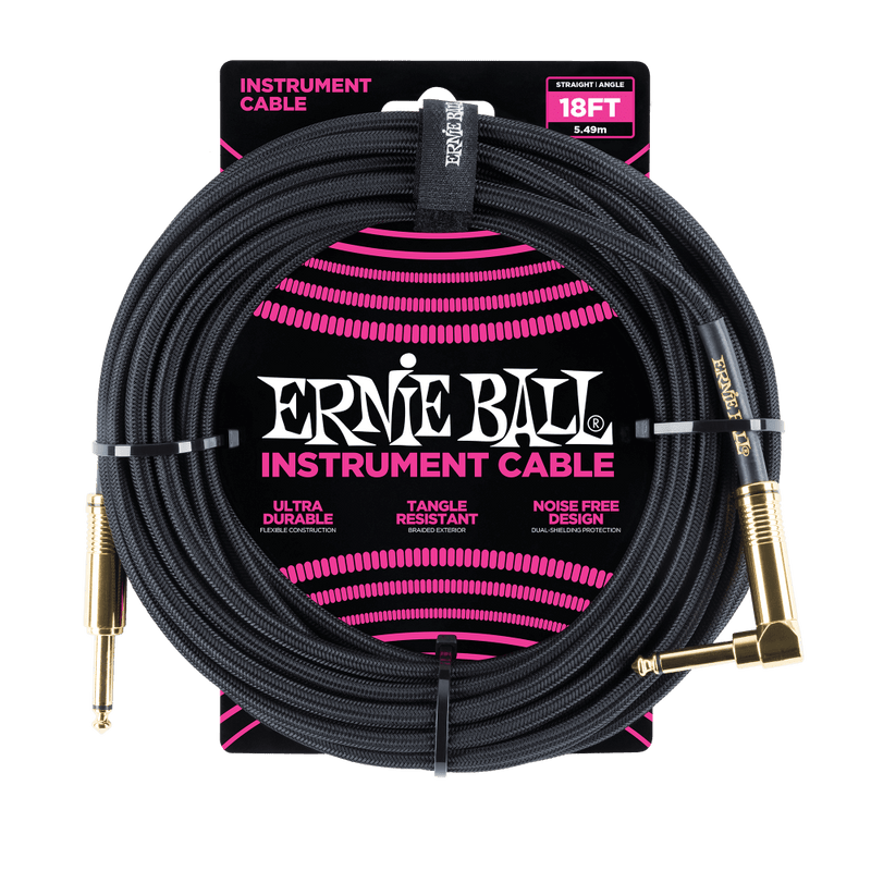 Sentence with replacement: Ernie Ball 6086 BRAIDED INSTRUMENT CABLE STRAIGHT/ANGLE 18FT in black with clear tone.