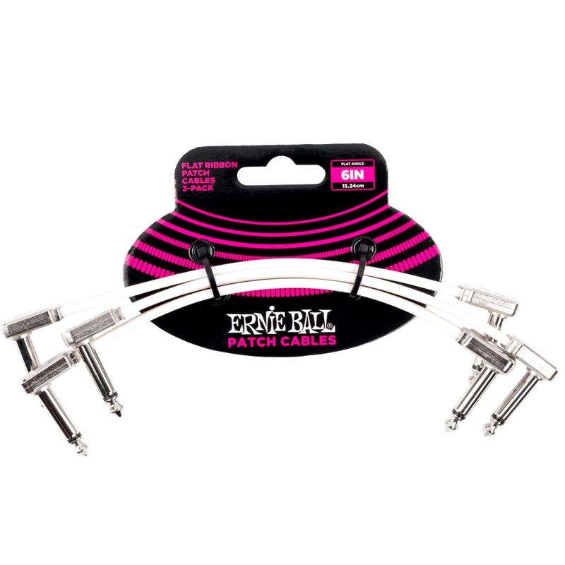 A pack of Ernie Ball 6385 Flat Ribbon Patch Cable 6in - White - 3 Pack 6" guitar picks on a black background, perfect for pedalboard layout.