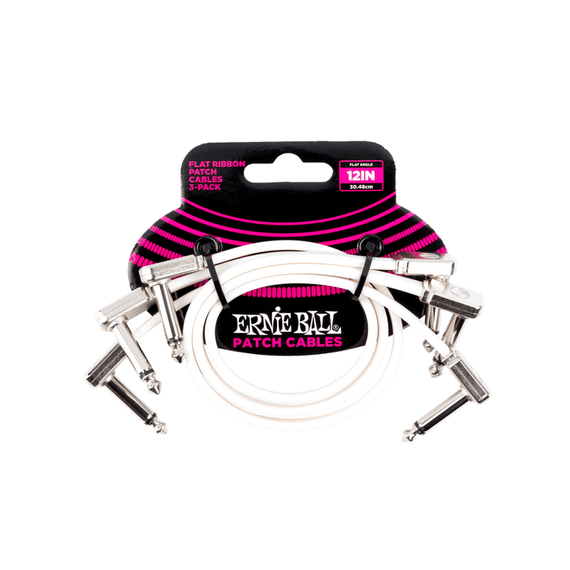 A 3 pack of Ernie Ball 6386 Flat Ribbon Patch Cable 12in - White - 3 Pack 12" in a package.