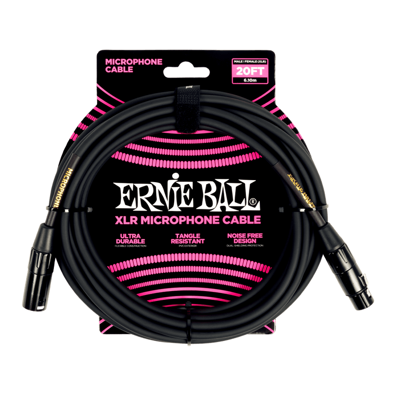 The Ernie Ball 6388 Classic XLR Microphone Cable Male/Female 20ft - Black features a durable PVC jacket, ensuring longevity and protection. With its high-quality design, this cable delivers exceptional audio performance.