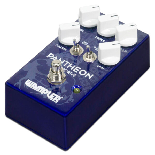 The Wampler Pantheon Overdrive British Blues Distortion is a blue pedal that offers tonal nuance with its four knobs.