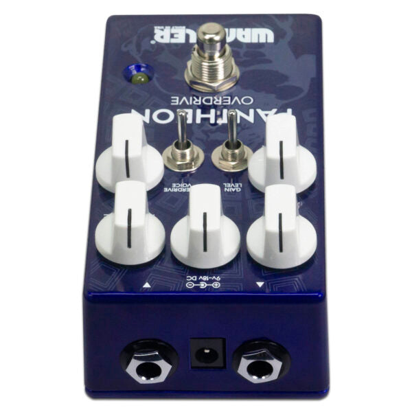 The Wampler Pantheon Overdrive British Blues Distortion is a blue pedal that offers tonal nuance with its four knobs.